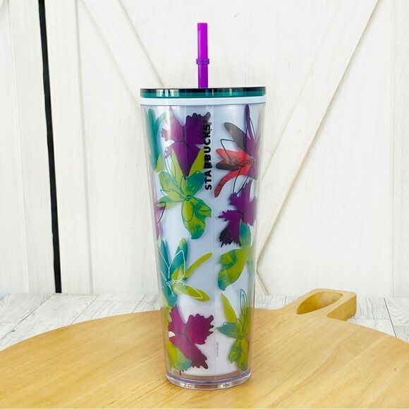 Starbucks Venti Tropical Floral Tumbler Cup Straw Spring 2022 Lavender Green - Picture 1 of 9